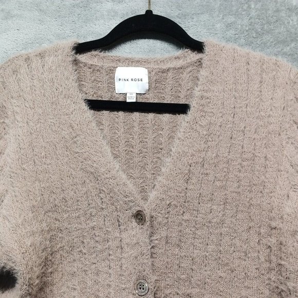 🍑PINK ROSE Women Sweater Fuzzy Cardigan Pullover Fall Solid Taupe Casual XS(0-2 - Picture 4 of 16